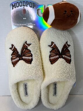 Moodpop Women Football Bow Cream Brown Memory Foam Slippers & Keychain 9/10 New